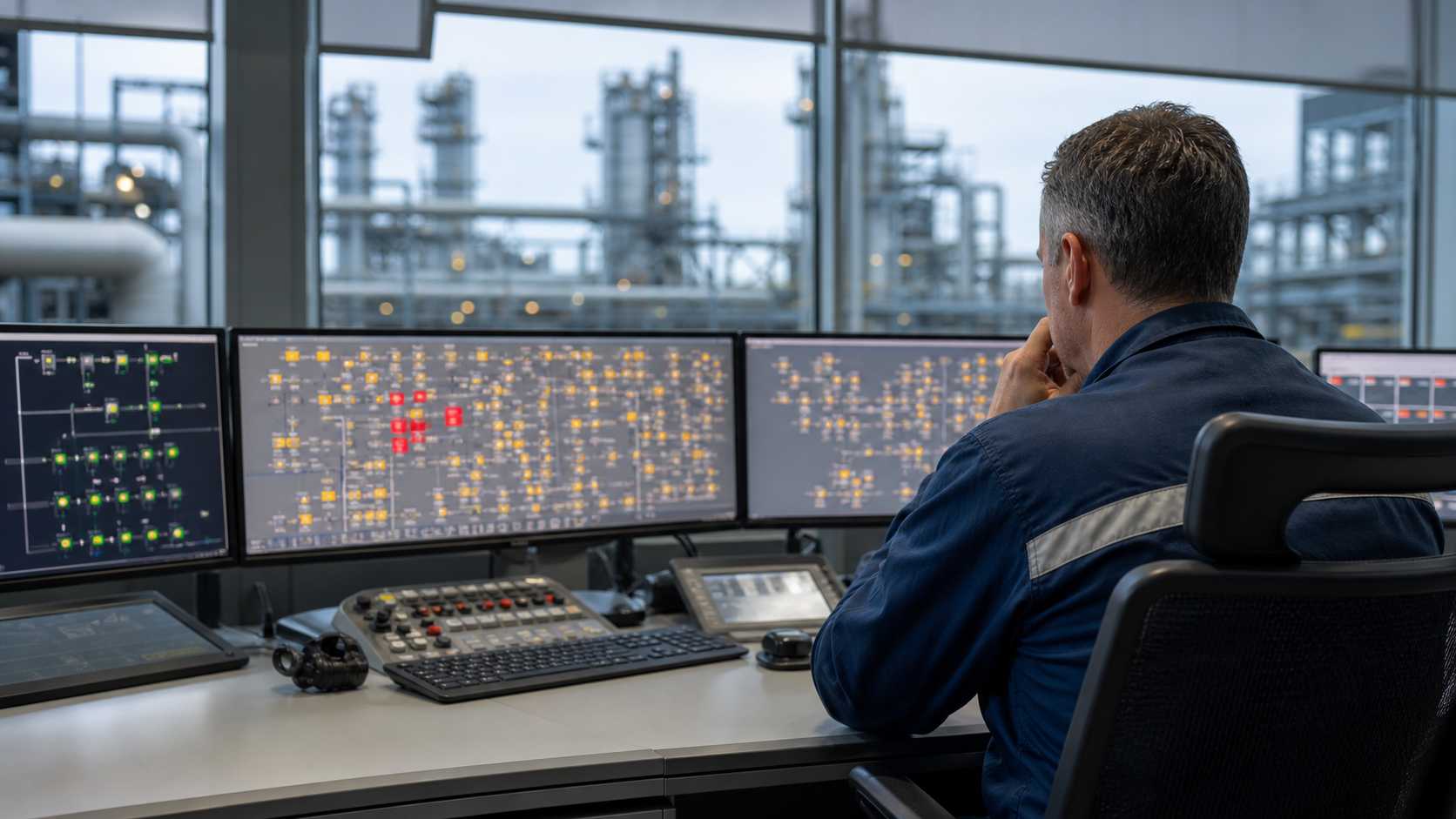 Operador de sala de control separando alarmas accionables en una pantalla industrial saturada