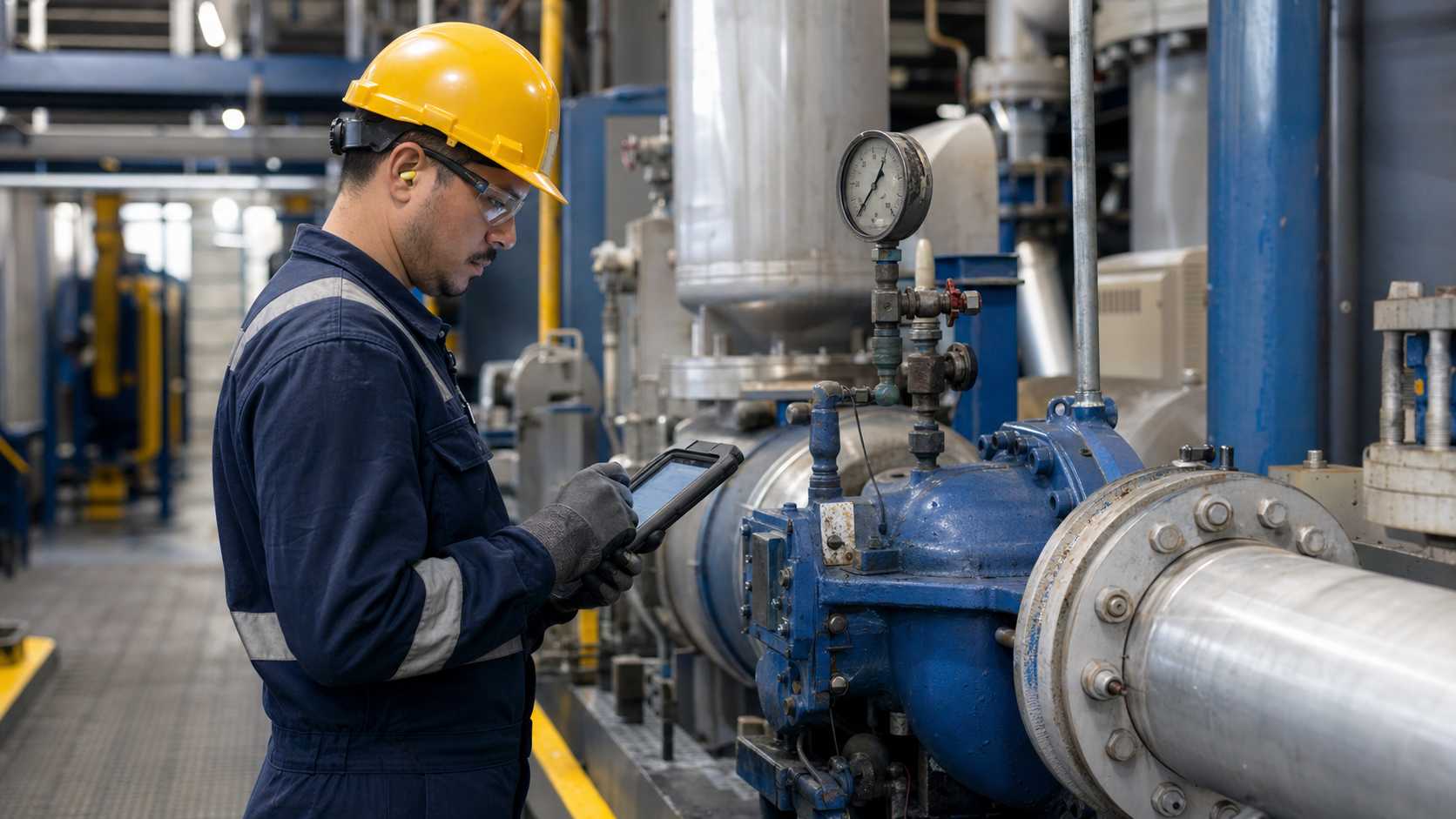 Operador de planta inspeccionando equipos industriales con una tableta durante una ronda de campo