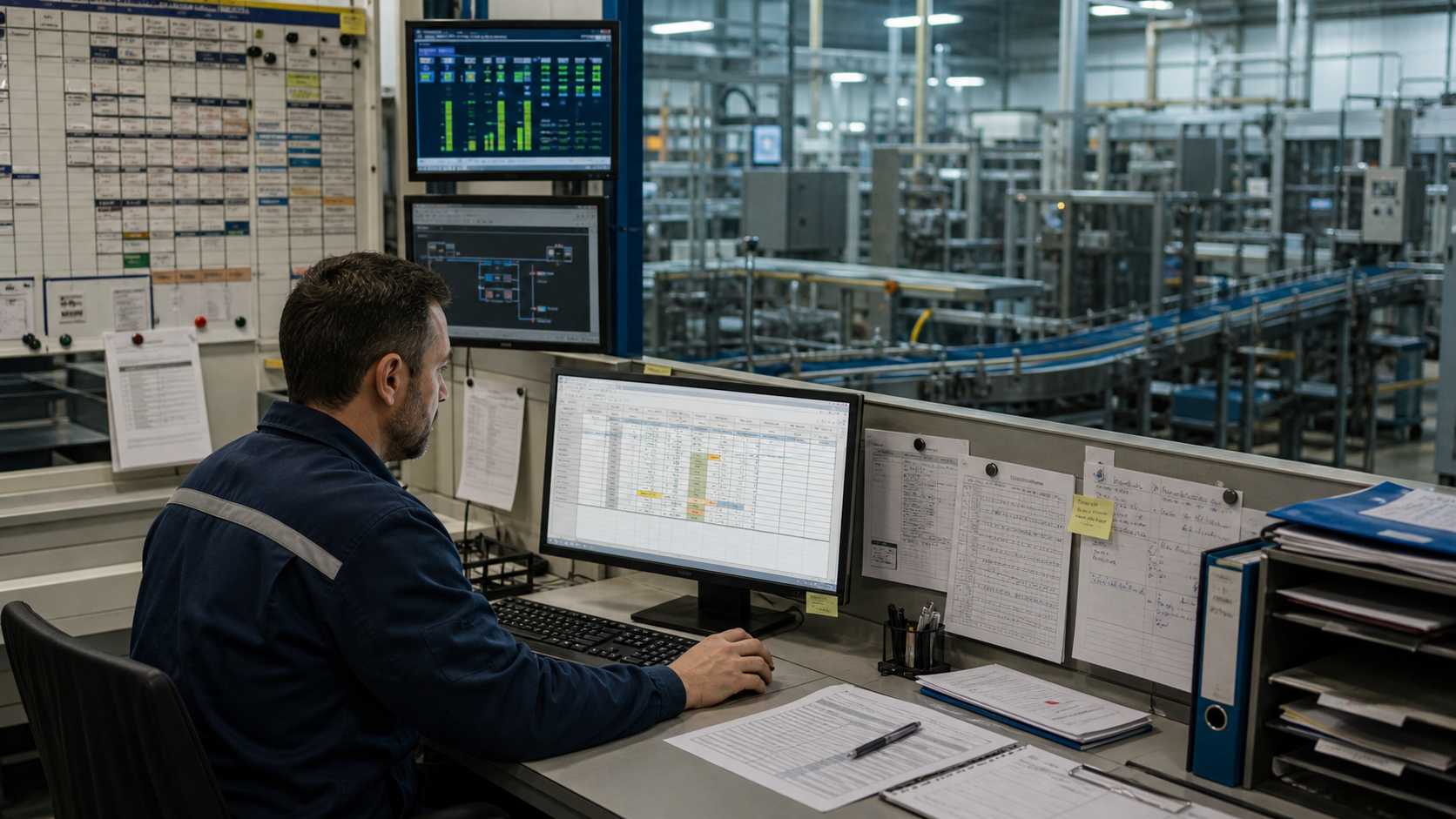 Responsable de producción revisando un libro de Excel junto a equipos industriales en funcionamiento