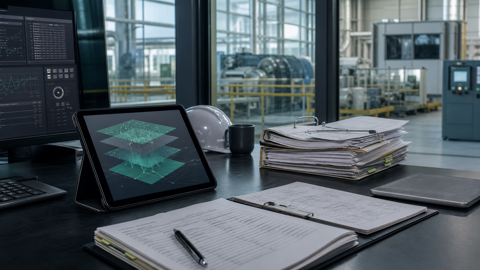 Industrial control room view with connected plant data and technical documents