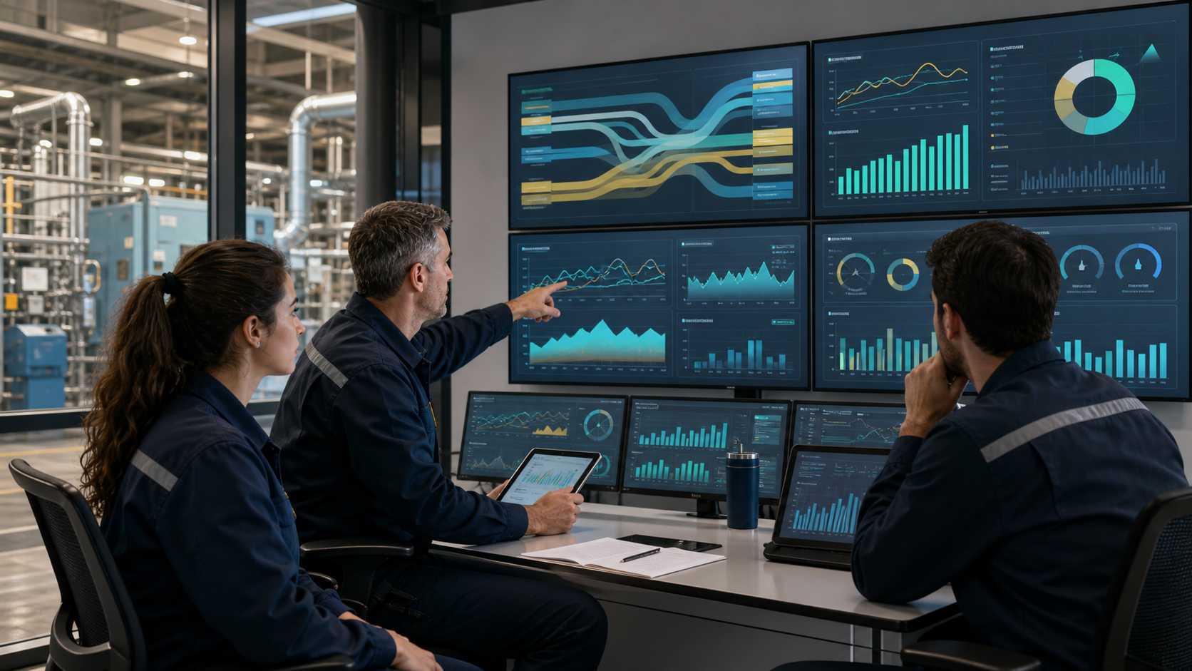Equipo industrial revisando energía, aire comprimido, utilidades y producción en paneles de planta