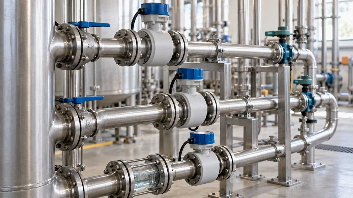 Contador instalado en una tubería de agua de una planta industrial, junto a conducciones de servicio