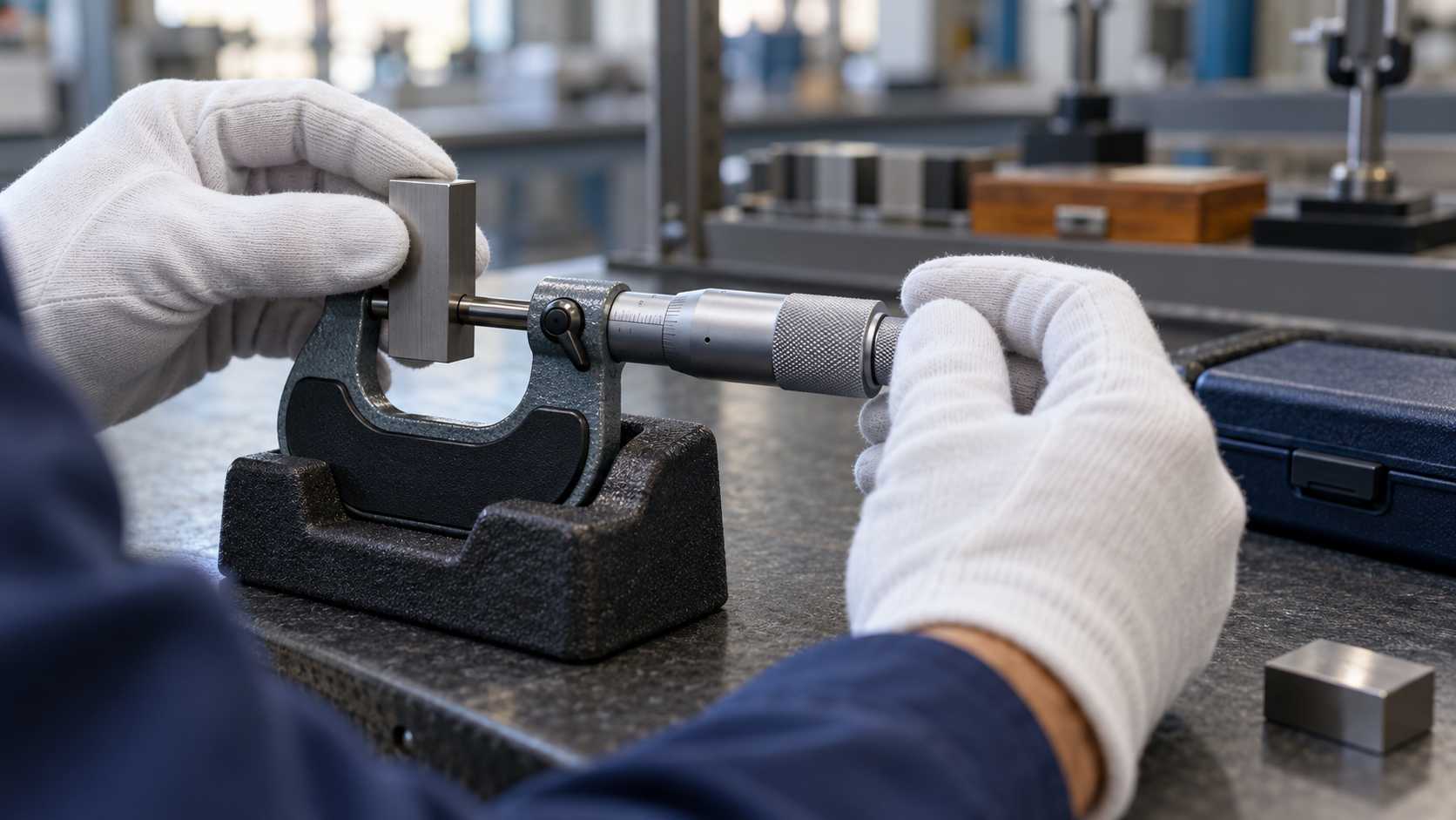 Técnico compara un instrumento industrial de medición con un patrón en un banco de calibración