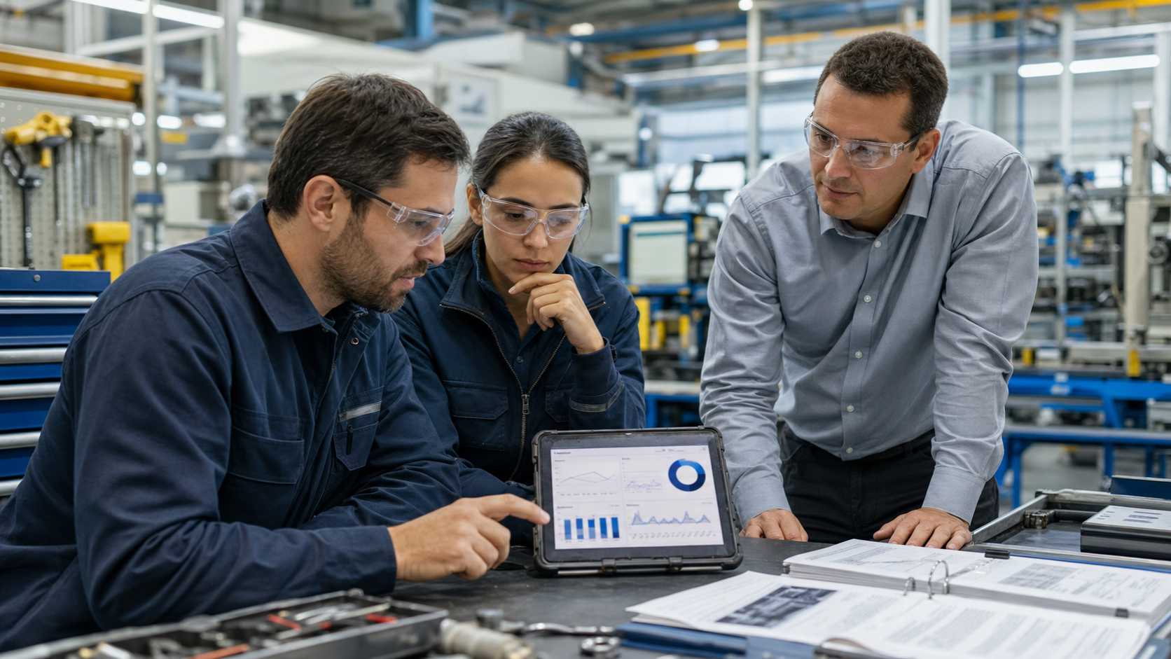Equipo de mantenimiento revisando evidencia de planta antes de diagnosticar un equipo