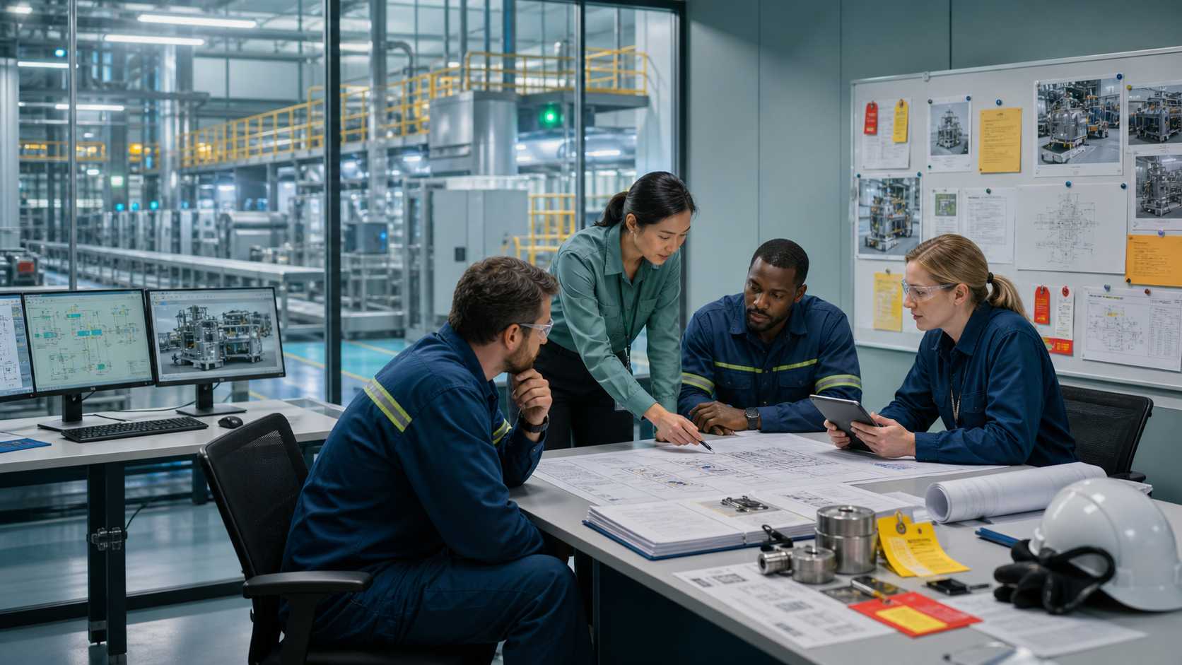 Equipo industrial revisando evidencias de gestión del cambio antes de modificar equipos y procedimientos