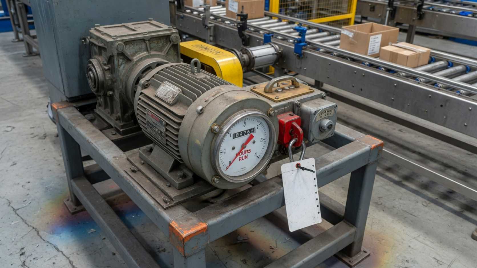Motor y reductor parados con contador de horas de marcha y candado de consignación
