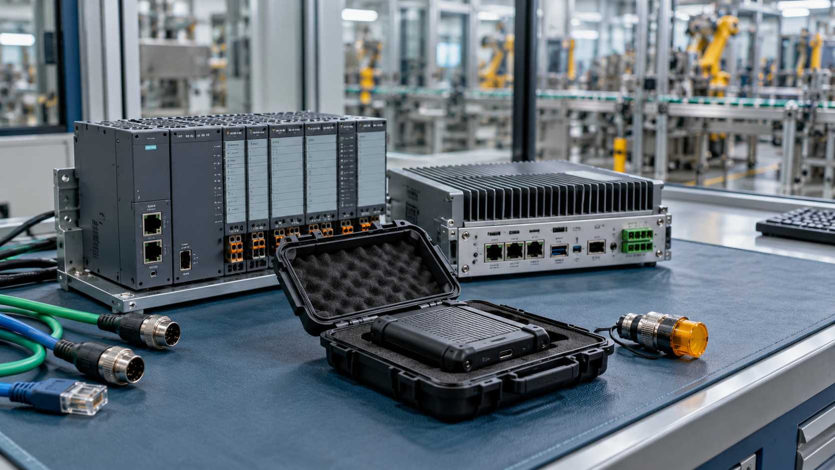 Equipos de control industrial, cables y estuche abierto sobre un banco de pruebas