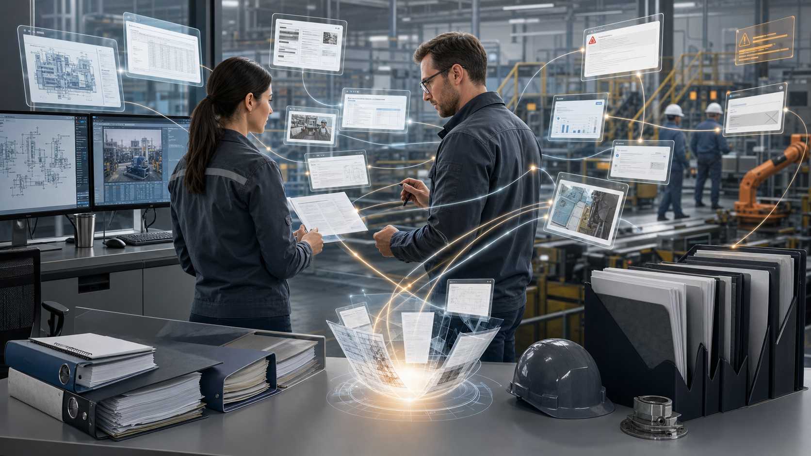 Equipo industrial buscando registros de planta entre sistemas antes de una decisión de producción