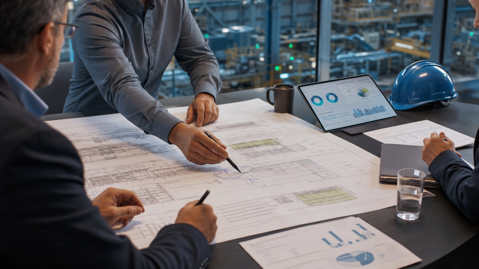 Plant leadership team reviewing operational evidence for an investment decision