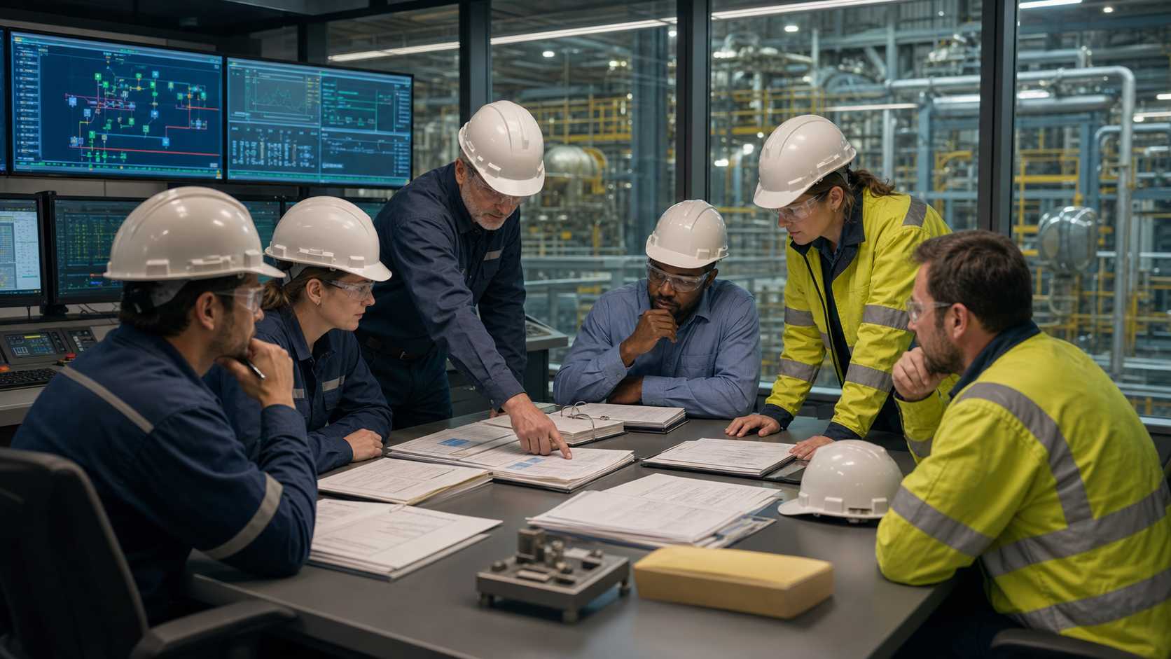 Equipo de operaciones e ingeniería revisando evidencia PSSR antes de introducir químicos en una unidad de proceso