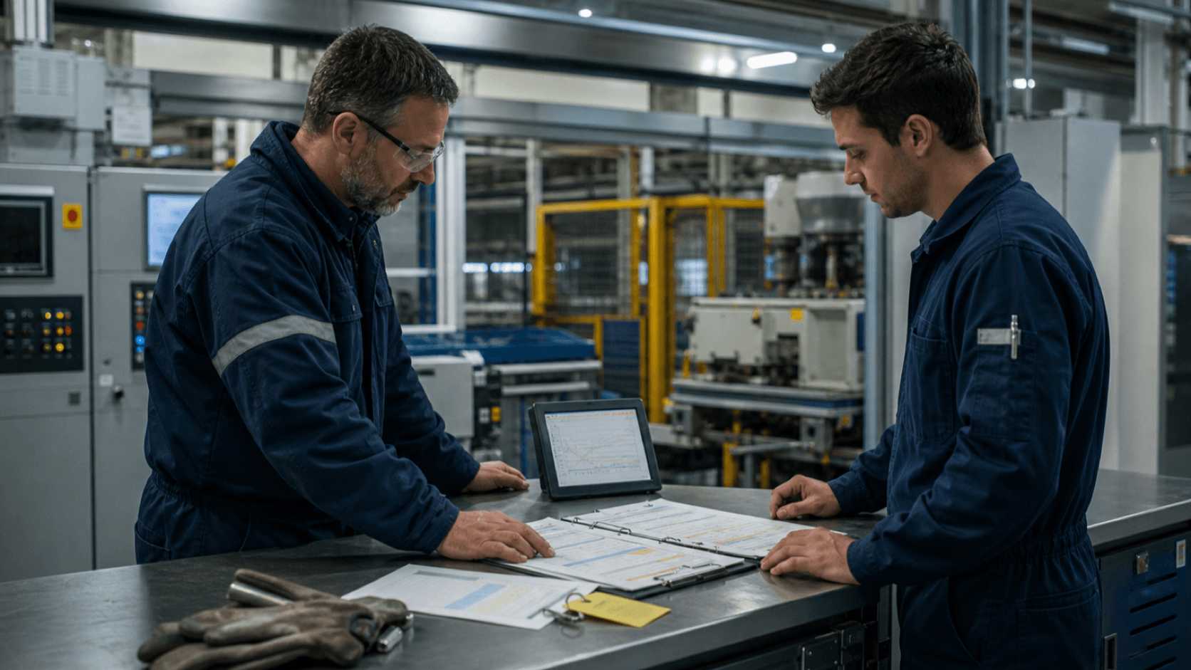 Dos operadores de planta revisan registros de traspaso junto a equipos de proceso industrial