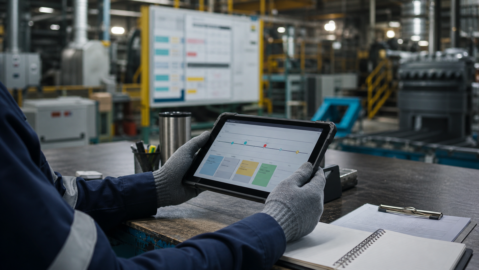 Operators reviewing shift handover notes and plant status on a shared screen