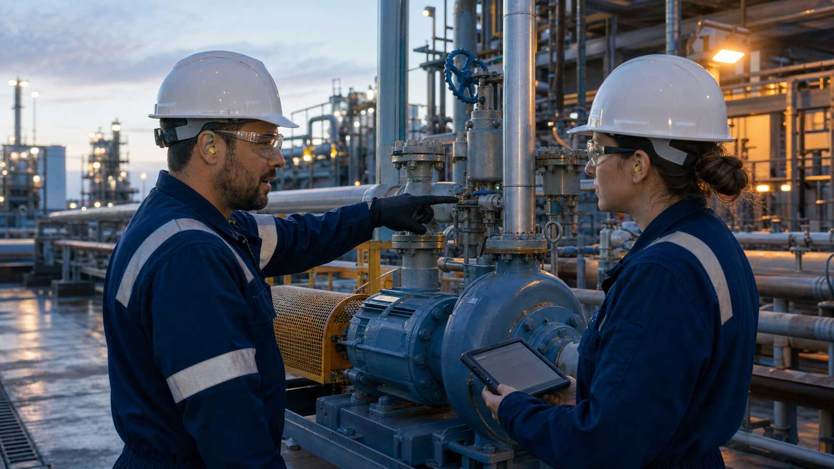 Un operador experimentado explica al turno entrante una señal de inspección en una bomba de proceso